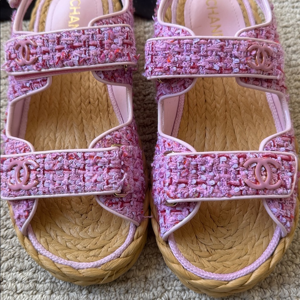CHANEL Pink Tweed Interlocking CC Logo Espadrille Dad Sandals Size 41 - Picture 6 of 10